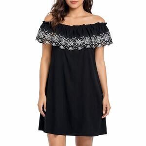 Cynthia Steffe Off the Shoulder Dress Black with White Embroidery Size 6